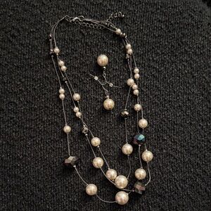 Multi-Strand Pearl and Hematite Bead Necklace and Earring Set - Black and Pearl